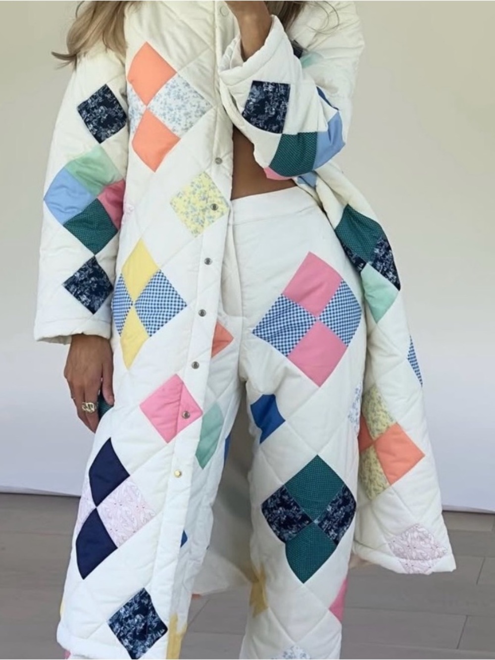 Yellow the Label Quilted Patchwork Belted Coat - White with Multicolor Diamonds - Picture 2 of 8